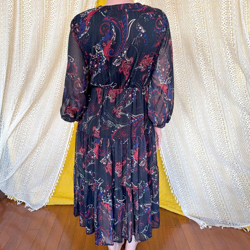 Reba Black Lace Up Paisley Print Metallic Bohemian Embroidered Maxi Dress XL - Picture 10 of 17